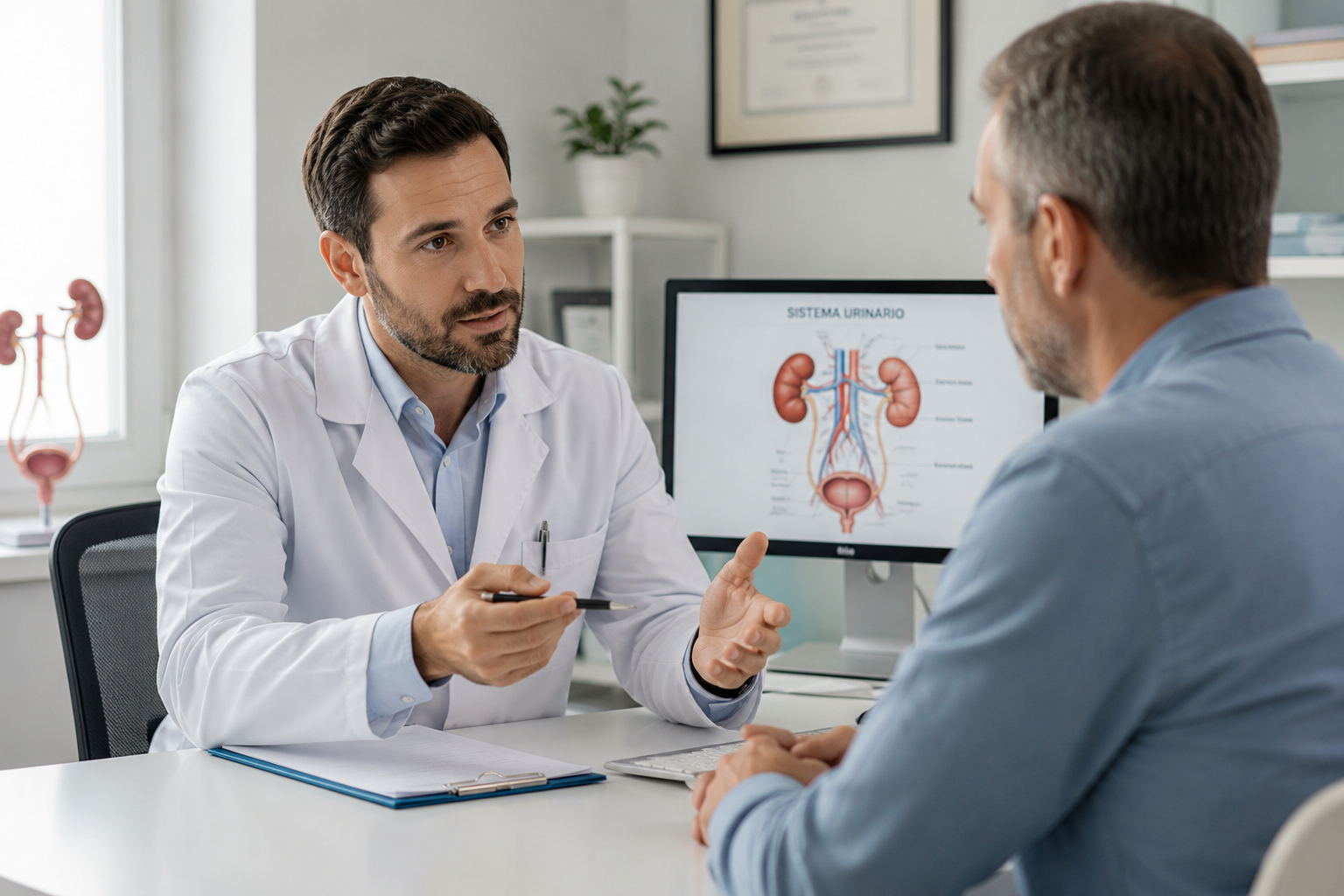 Médico urólogo conversando con paciente.