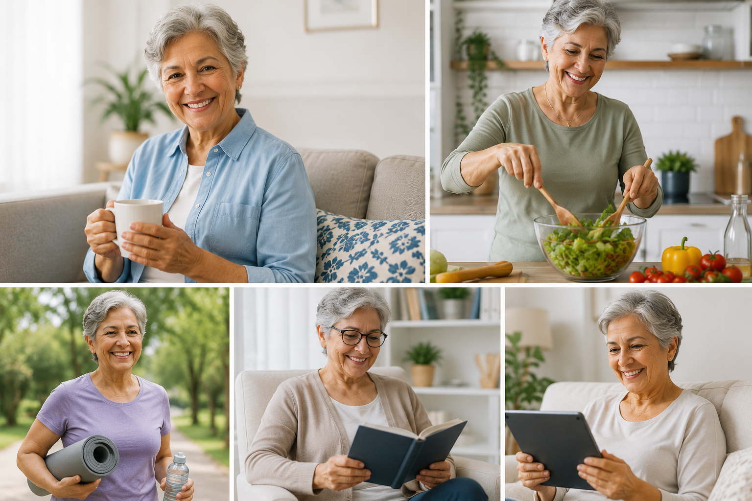 Mujer adulta mayor sonriendo y realizando actividades cotidianas.