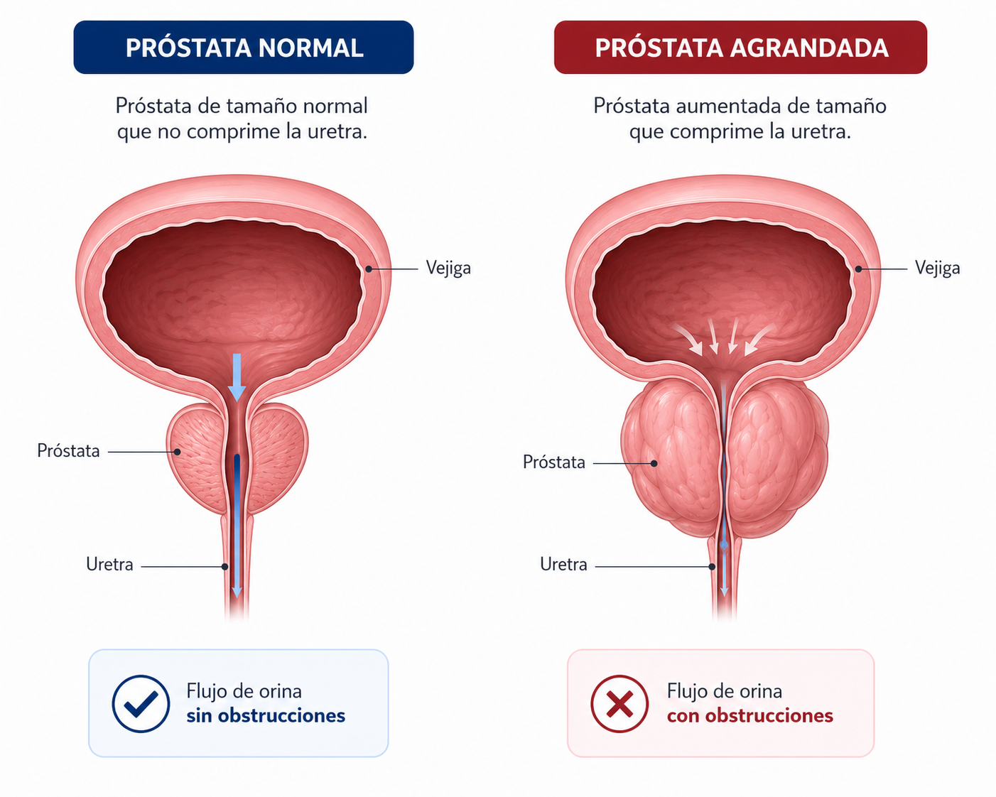 Ilustración comparativa de próstata normal y agrandada